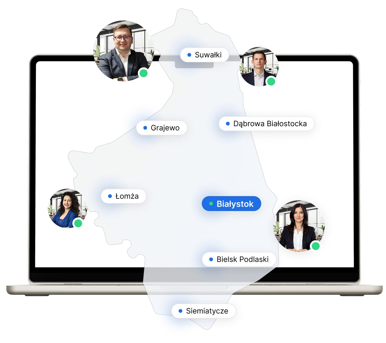 Mapa województwa z zaznaczonymi miastami: Namysłów, Kluczbork, Brzeg, Nysa, Kędzierzyn-Koźle, Głubczyce i Opole. Obok widoczna statystyka pokazująca liczbę 37 miast, 71 gmin i 1017 miejscowości, w których świadczona jest pomoc prawna w sprawach odszkodowawczych. W centrum znajduje się zdjęcie prawniczki na tle eleganckiego biura, symbolizujące profesjonalną obsługę.