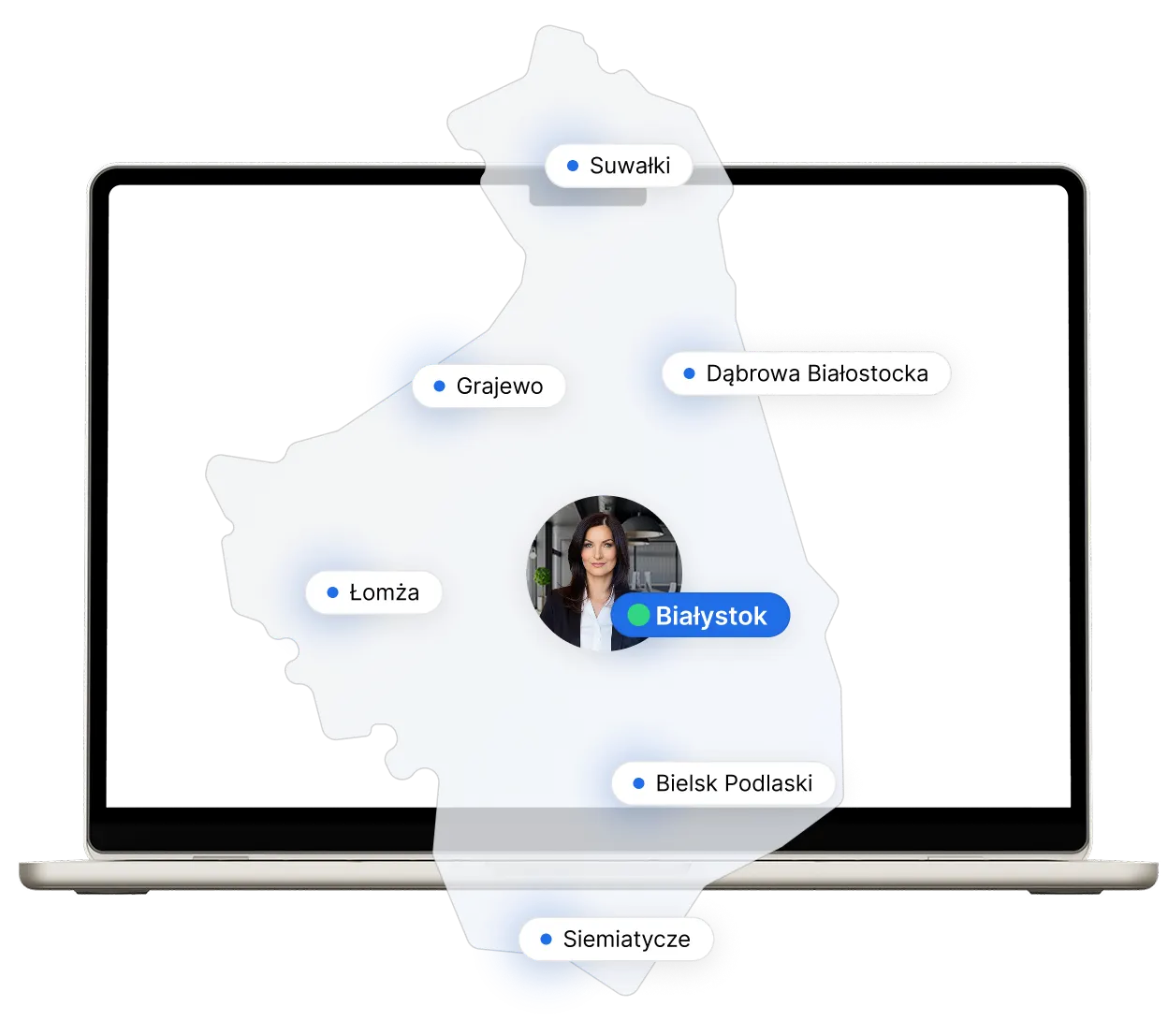 Mapa województwa z zaznaczonymi miastami: Namysłów, Kluczbork, Brzeg, Nysa, Kędzierzyn-Koźle, Głubczyce i Opole. Obok widoczna statystyka pokazująca liczbę 37 miast, 71 gmin i 1017 miejscowości, w których świadczona jest pomoc prawna w sprawach odszkodowawczych. W centrum znajduje się zdjęcie prawniczki na tle eleganckiego biura, symbolizujące profesjonalną obsługę.