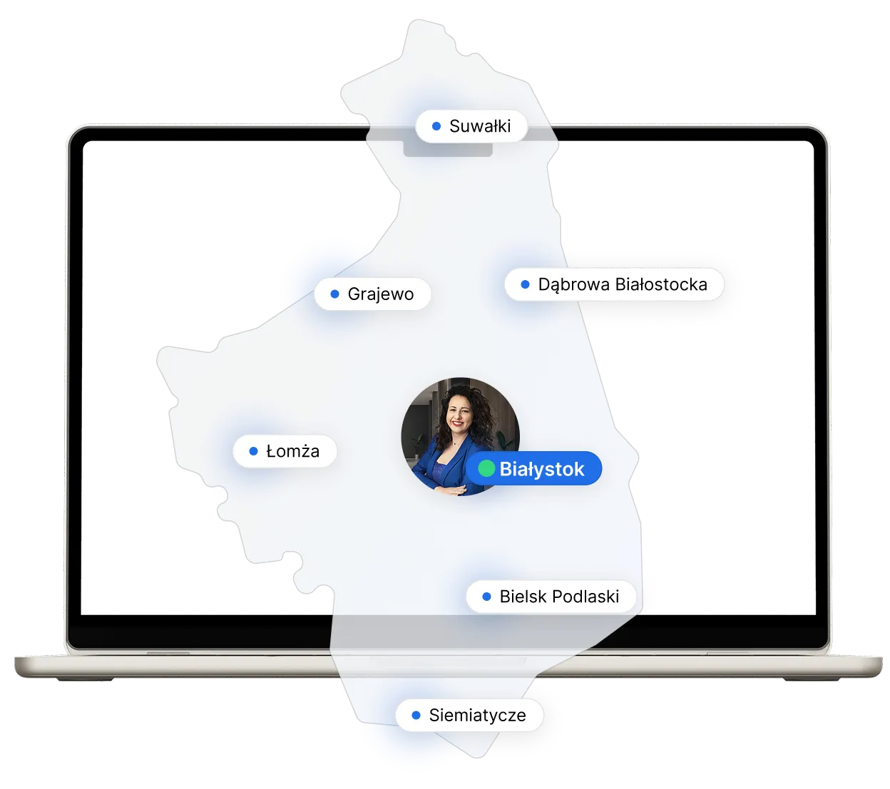 Mapa województwa z zaznaczonymi miastami: Namysłów, Kluczbork, Brzeg, Nysa, Kędzierzyn-Koźle, Głubczyce i Opole. Obok widoczna statystyka pokazująca liczbę 37 miast, 71 gmin i 1017 miejscowości, w których świadczona jest pomoc prawna w sprawach odszkodowawczych. W centrum znajduje się zdjęcie prawniczki na tle eleganckiego biura, symbolizujące profesjonalną obsługę.